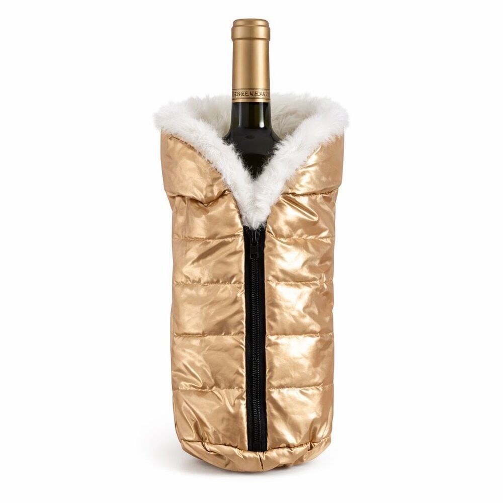 Gold Wine Bottle Puffer Coat Cover Faux Fur Gift Jacket Wine Bottle Sleeve